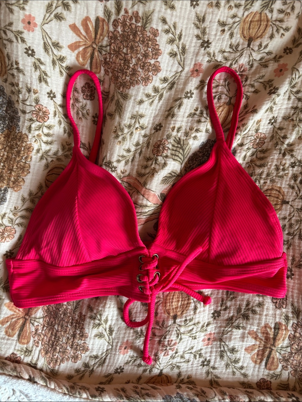 No Boundaries Hot Pink Ribbed Lace-Up Bikini Top